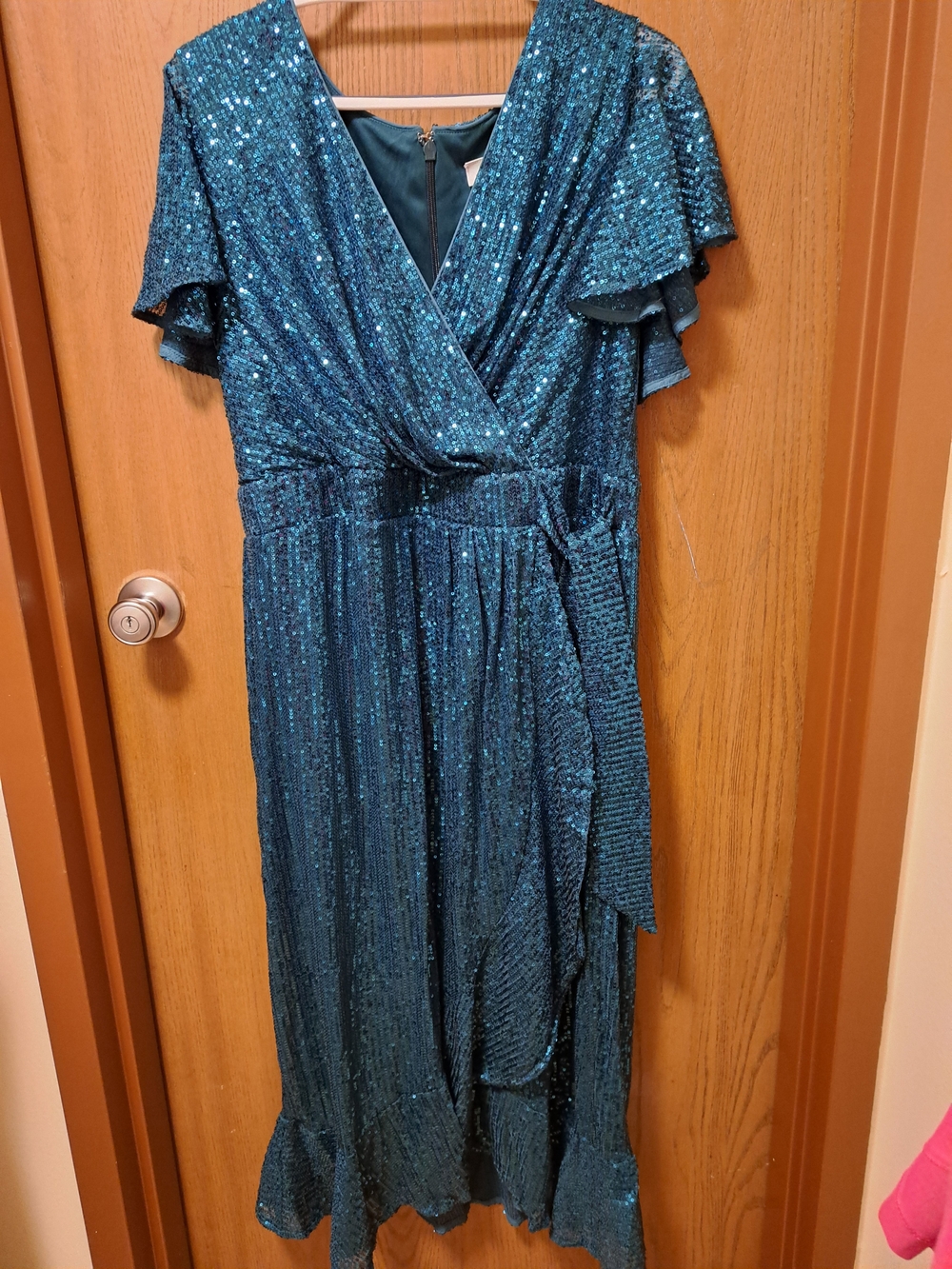 Avenue Teal Sequin Wrap Midi Dress